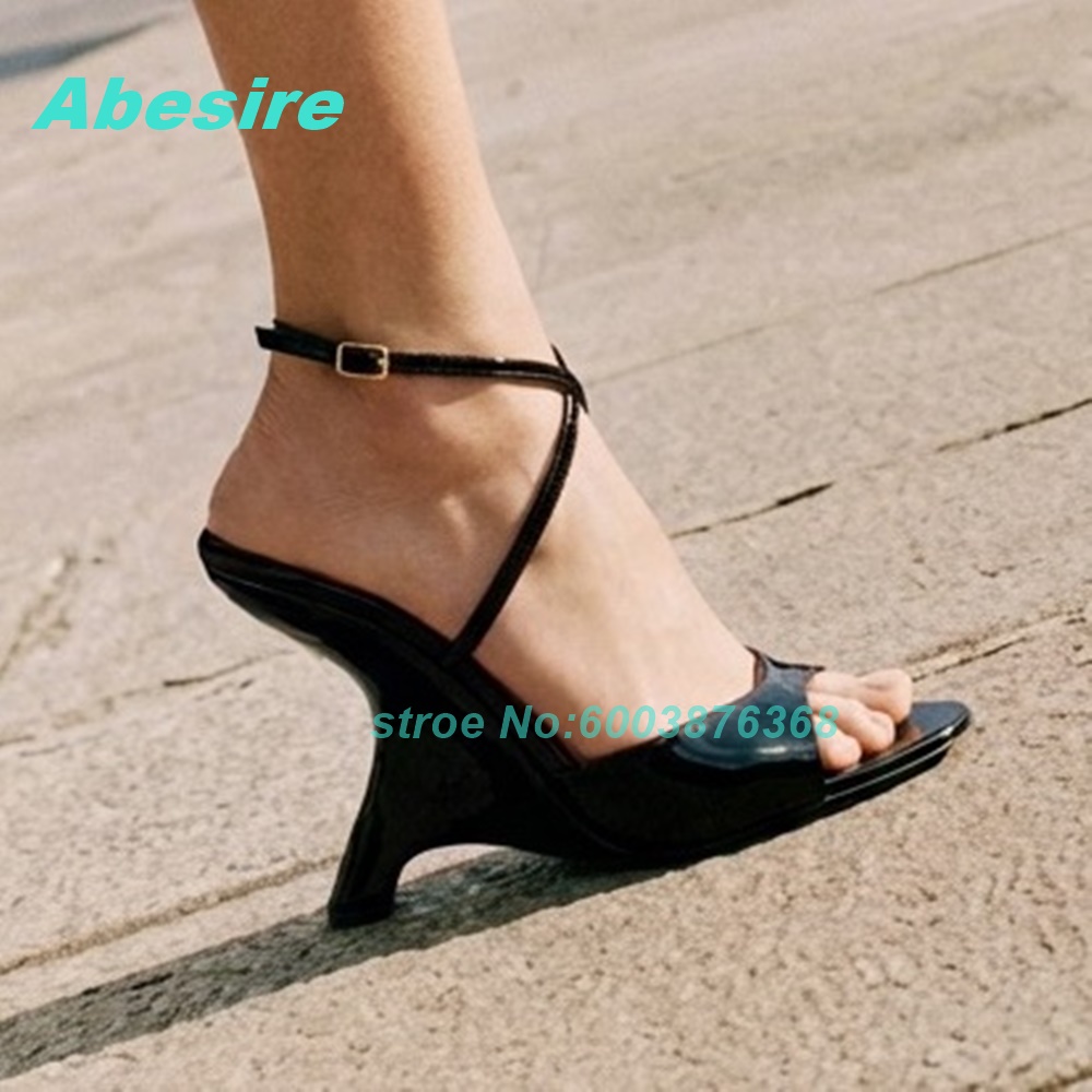Women'S Shoes Y2K - Black Patent-Leather Peep Toe Sandals Open