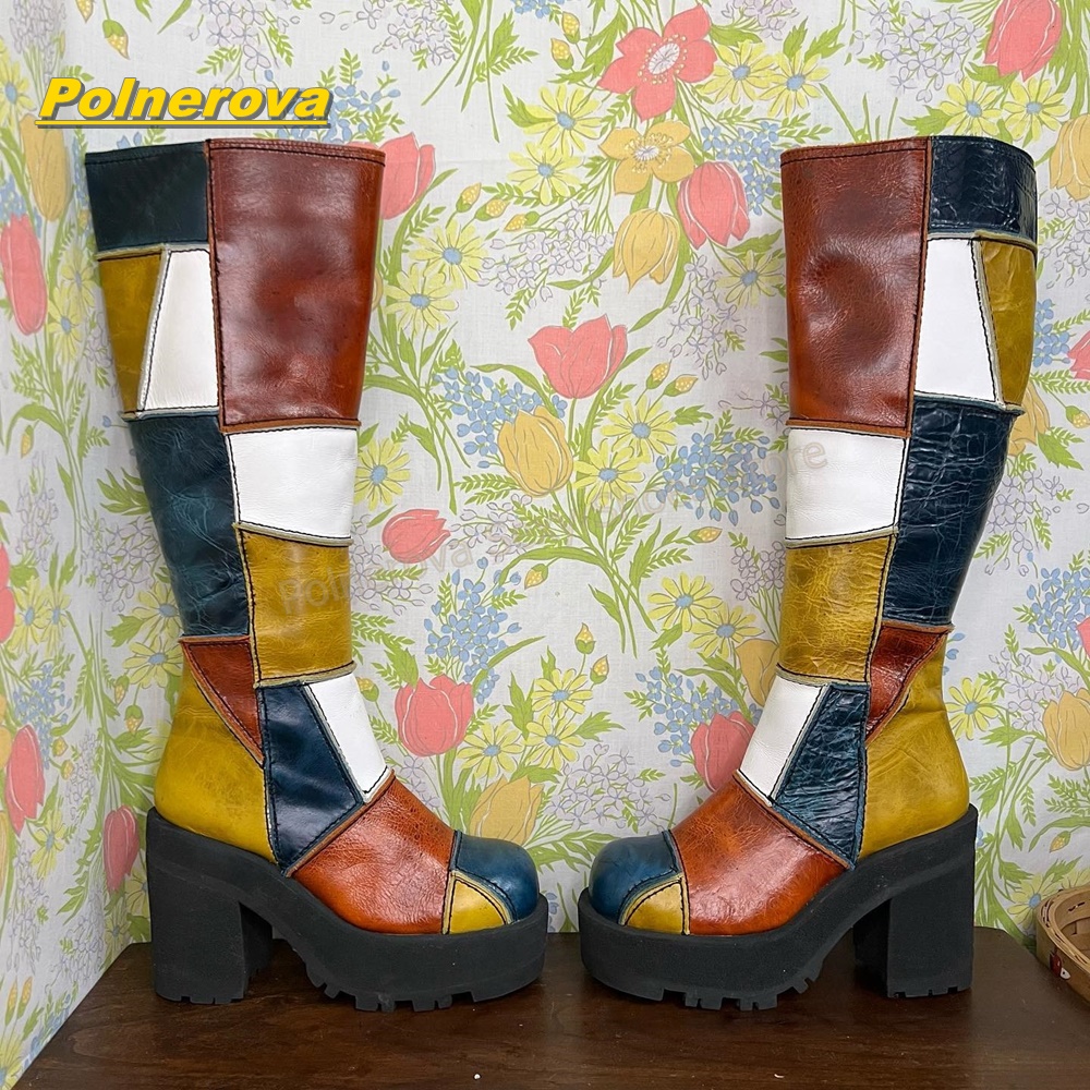 Women'S Shoes Y2K - Women Retro Patchwork Leather Knee High