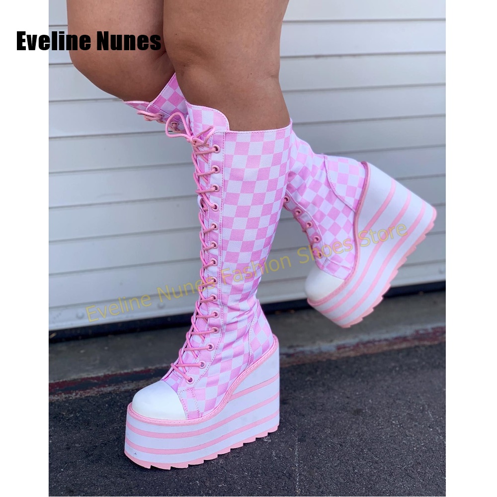 Women'S Shoes Y2K - Women Pink White Checkerboard Platform Boots
