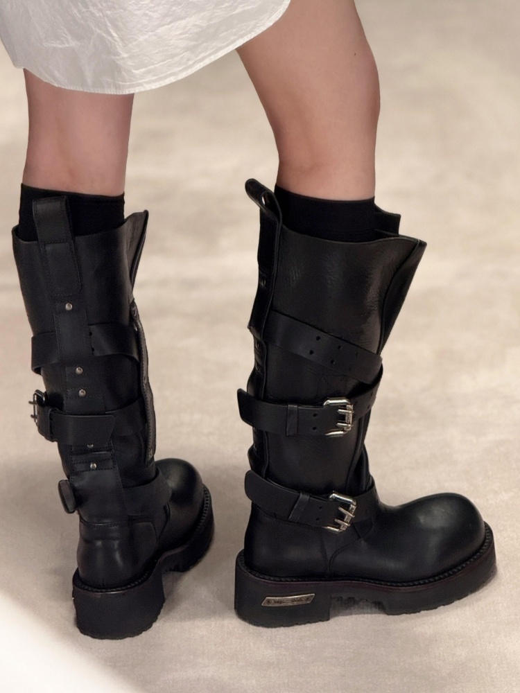 Women'S Shoes Paris - Belt Buckle Black Leather Motorcycle Boots