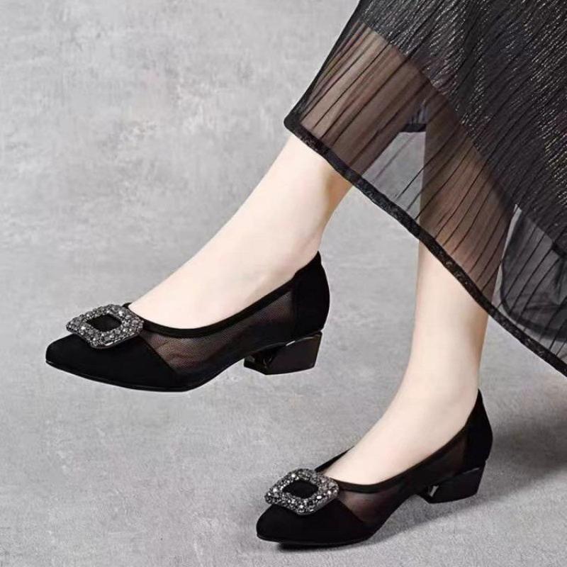 Shoes Women Pumps - Elegant Pointed Toe Mesh Block Heel
