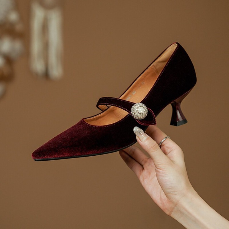 Wine Red Pointed Toe Mary Jane - Shoes Women Pumps ulasan dan harga