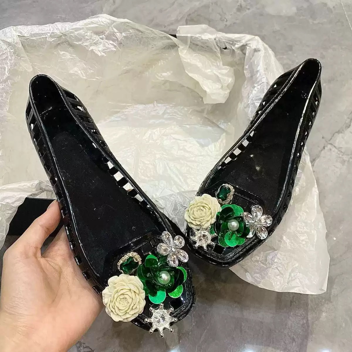 Luxury Big Rhinestone Flower S - Jelly Sandal Women ulasan dan harga