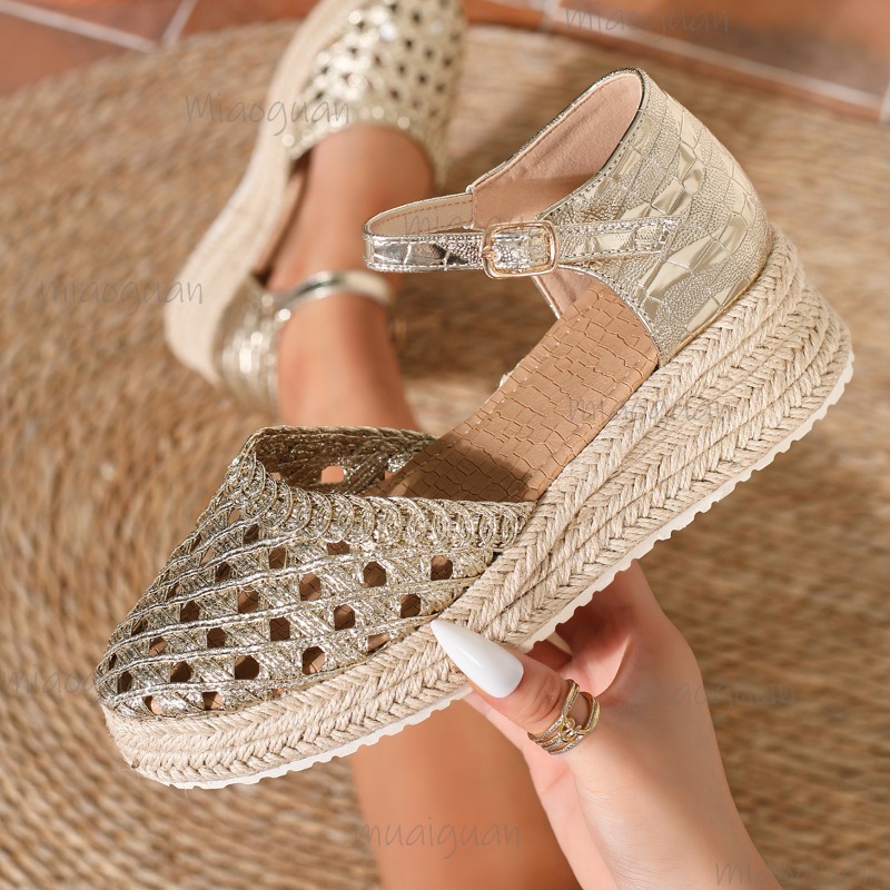 Boho Women's Hollow Out Woven  - Espadrille Wedge Shoes ulasan dan harga